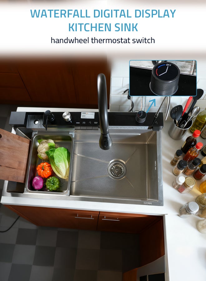 شاربدو حوض مطبخ مُدمج بتصميم شلال، 80 × 45 سم، حوض مطبخ مُدمج من الفولاذ المقاوم للصدأ بتصميم شلال، حوض مطبخ متعدد الوظائف ذو حوض واحد مع صنبور مطبخ - Image 3